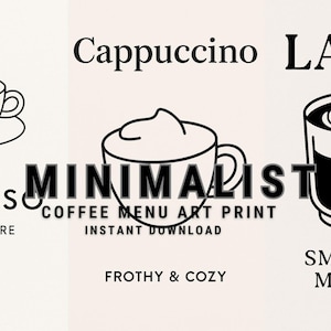 Impressão artística do menu de café – Minimalista Vol. 1 | Conjunto de 5 impressões | Café com leite, cappuccino, macchiato, expresso e flat white | Download digital