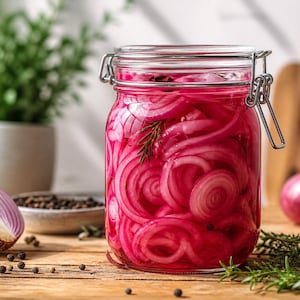 Peut inclure: Un bocal en verre rempli d'oignons rouges marinés, fermé par un fermoir métallique. Le bocal est posé sur une surface en bois avec des grains de poivre, un demi-oignon rouge et des herbes. Un petit bol de poivre et une plante en pot blanc sont en arrière-plan.