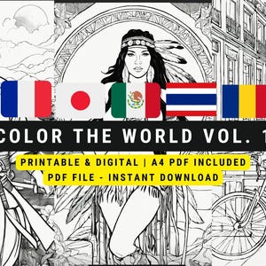 Color the World Vol. 1 | 5 World Travel Coloring Pages | France, Japan, Mexico, Thailand, Romania | Printable PDF + PNG