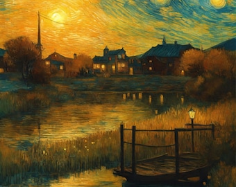 Starry Night Over the Tranquil Village - Digital Print