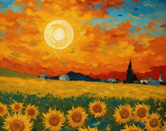 Sunrise Over Sunflower Fields - Vibrant Landscape Painting Print