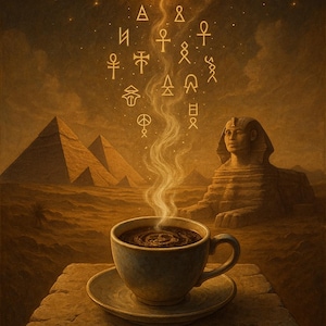 May include: An artistic depiction of an Egyptian oracle. A cup of coffee sits on a stone surface, with steam rising towards an eye symbol and hieroglyphs. Pyramids and the Sphinx are in the background. The text reads "Temple of Silence - Egyptian Oracle of Coffee".