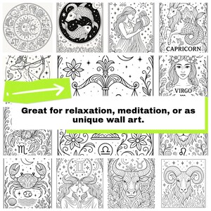 May include: Black and white illustrations of zodiac signs, including Capricorn and Virgo, and a circular zodiac chart. The image also features decorative floral designs and the text "Great for relaxation, meditation, or as unique wall art."
