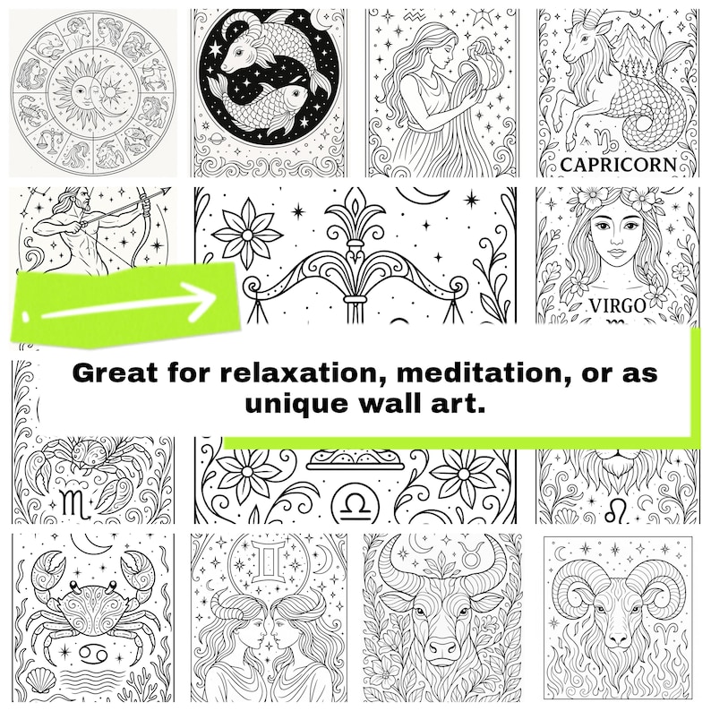 May include: Black and white illustrations of zodiac signs, including Capricorn and Virgo, and a circular zodiac chart. The image also features decorative floral designs and the text "Great for relaxation, meditation, or as unique wall art."