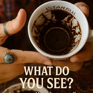 Könnte beinhalten: Eine weiße Kaffeetasse mit dem Wort "ISTANBUL" auf dem Rand, gehalten von einer Person. Die Tasse enthält dunkles Kaffeesatz. Der Text auf dem Bild lautet "WHAT DO YOU SEE?" und "Interpretiert von einer Wahrsagerin in den engen Gassen von Istanbul."