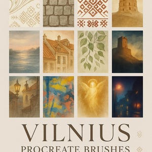 May include: A digital art print featuring 10 Procreate brushes inspired by Lithuania. The image showcases watercolor-style illustrations of architectural elements, landscapes, and patterns, with the word "VILNIUS" prominently displayed.