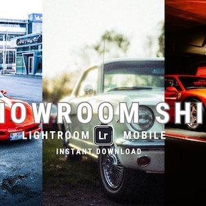 Könnte beinhalten: Drei verschiedene Autos, ein rotes Cabrio, ein weißer Oldtimer und ein roter Sportwagen, sind in einer Collage dargestellt. Der Text "SHOWROOM SHINE" ist über das Bild gelegt. Der Text "LIGHTROOM", "Lr" und "MOBILE" sind ebenfalls im Bild enthalten. Der Text "INSTANT DOWNLOAD" ist im Bild enthalten.