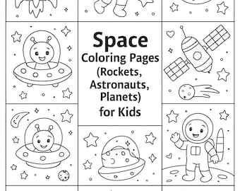 May include: Black and white line art coloring pages with a space theme. The pages feature rockets, astronauts, planets, and UFOs. Text reads "Space Coloring Pages (Rockets, Astronauts, Planets) for Kids."