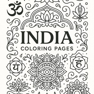 Könnte beinhalten: Schwarz-Weiß-Linienkunst-Design für Indien-Malvorlagen. Enthält das Wort "INDIA" in fetten Buchstaben, zusammen mit Lotusblumen, dem Om-Symbol und anderen indisch inspirierten Motiven. Enthält den Text "COLORING PAGES".