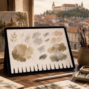 Könnte beinhalten: Ein digitales Kunst-Setup mit einem Tablet, das Aquarellpinselstriche und einen Stift zeigt. Ein Keramiktopf enthält Pinsel, und eine Aquarellpalette befindet sich in der Nähe. Der Hintergrund zeigt eine Stadtlandschaft und ein Gemälde.
