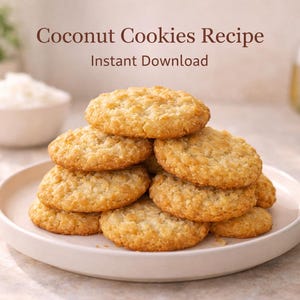 May include: A plate of golden coconut cookies, round with a textured surface. The image includes the text "Coconut Cookies Recipe Instant Download". Other elements include a bowl of coconut and bottles.