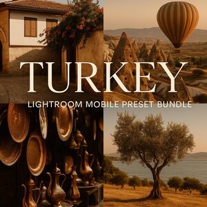 Könnte beinhalten: Ein Bild-Collage mit Szenen aus der Türkei. Es zeigt ein Gebäude, einen Heißluftballon über Felsformationen und einen Baum in der Nähe eines Gewässers. Der Text lautet "TURKEY LIGHTROOM MOBILE PRESET BUNDLE". Warme, einladende Atmosphäre.