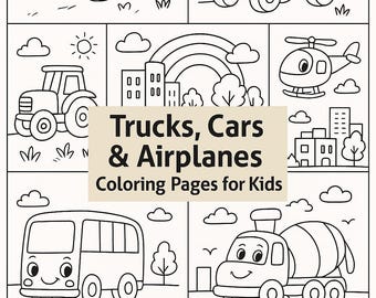 May include: Black and white coloring book page with illustrations of vehicles. Includes a car, fire engine, tractor, helicopter, bus, cement mixer, and boats. Text reads "Trucks, Cars & Airplanes Coloring Pages for Kids."