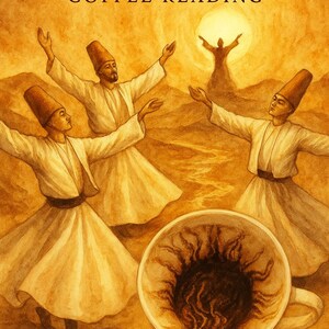 Könnte beinhalten: Sepiafarbene Illustration mit Sufi-Tänzern in weißen Gewändern und braunen Hüten, die die Arme heben, um eine Kaffeetasse herum. Der Text "SUFI PATH COFFEE READING" ist oben im Bild zu sehen.