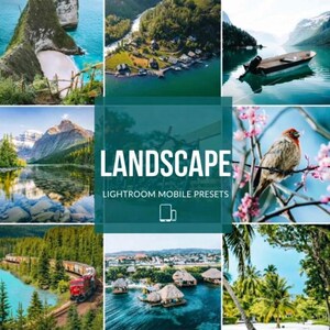 May include: A collage of landscape photos featuring various scenic views. The images include a beach, mountains, a lake with a boat, a bird on a branch, and a train. The text "LANDSCAPE" and "LIGHTROOM MOBILE PRESETS" are also visible.