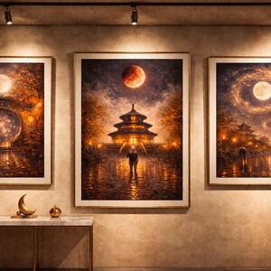 Könnte beinhalten: Drei gerahmte Kunstdrucke, die fantastische Szenen mit Monden, Tempeln und einem Drachen darstellen. Das Kunstwerk weist warme, goldene Farbtöne und eine traumhafte Qualität auf. Die Drucke werden über einer Konsole mit Marmorplatte und dekorativen Objekten ausgestellt.
