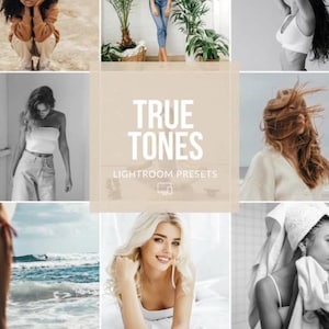 Puede incluir: Un collage de imágenes de estilo de vida con una paleta de colores neutros. La imagen central presenta el texto "TRUE TONES LIGHTROOM PRESETS". Las imágenes circundantes representan diversas escenas, incluyendo personas, plantas y escenarios de playa, todo con una estética suave y natural.