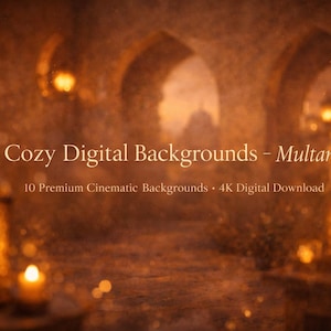 Könnte beinhalten: Ein warmes, einladendes digitales Hintergrundbild mit einem verschwommenen, atmosphärischen Effekt. Die Szene zeigt gewölbte Türen, Laternen und sanfte Beleuchtung mit dem Text "Cozy Digital Backgrounds - Multan". Das Bild ist ein 4K-Digital-Download.