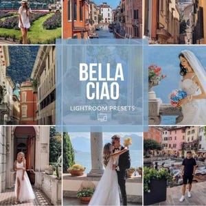 Könnte beinhalten: Eine Collage aus Reise- und Lifestyle-Fotos, darunter eine Braut in einem weißen Kleid, Stadtansichten und ein sich umarmendes Paar. Der Text "BELLA CIAO LIGHTROOM PRESETS" ist auf einem blauen Quadrat überlagert.