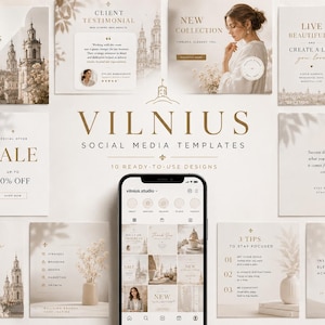 Könnte beinhalten: Eine Sammlung von zehn Social-Media-Vorlagen mit dem Titel VILNIUS, die in Beige- und Weißtönen gehalten sind, mit architektonischen Illustrationen, Typografie und einem Smartphone, das ein Raster der Designs in der Mitte zeigt.