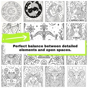 May include: Black and white illustrations of zodiac signs, including Pisces, Capricorn, and Virgo. The image also features a circular design with the sun and moon, and the text "Perfect balance between detailed elements and open spaces."
