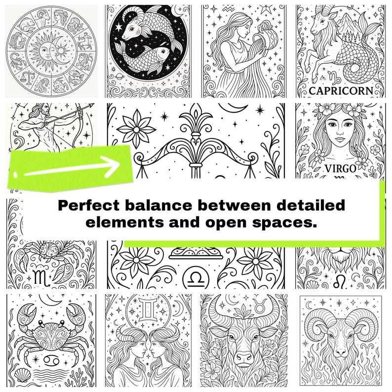May include: Black and white illustrations of zodiac signs, including Pisces, Capricorn, and Virgo. The image also features a circular design with the sun and moon, and the text "Perfect balance between detailed elements and open spaces."