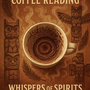 Könnte beinhalten: Ein braunes Poster mit dem Text "ANCIENT TOTEM COFFEE READING" und "WHISPERS OF SPIRITS IN THE GROUNDS". Es zeigt eine Kaffeetasse mit Kaffeesatz, Totempfahl-Illustrationen und Federgrafiken.