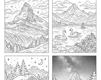 スイスアルプスの塗り絵 – 印刷可能な山と自然の風景10枚