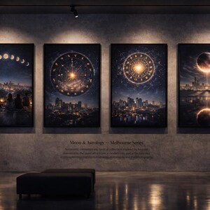 Könnte beinhalten: Vier gerahmte Kunstdrucke mit himmlischen Themen. Die Kunstwerke zeigen Bilder der Mondphasen, astrologische Karten und eine Stadtlandschaft mit einem Himmelskörper. Die Drucke werden in einer Galerie mit einer dunkelgrauen Bank ausgestellt.