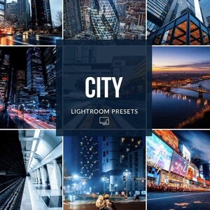 May include: A collage of cityscapes at night, featuring skyscrapers, bridges, and urban scenes. The central panel displays the word "CITY" in white text, along with "LIGHTROOM PRESETS" and a computer icon.