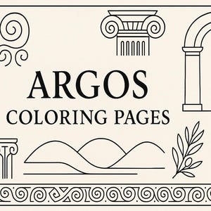 Könnte beinhalten: Cremefarbener Hintergrund mit schwarzen Strichzeichnungen und Text. Der Text lautet "ARGOS COLORING PAGES". Die Illustrationen umfassen architektonische Elemente, eine Sonnenblume und dekorative Bordüren, zum Ausmalen.