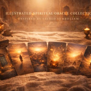 Könnte beinhalten: Illustrierte spirituelle Orakel-Sammlung, inspiriert von heiliger Symbolik. Das Bild zeigt sechs Tarotkarten in warmen, goldenen Farbtönen, die mystische Szenen darstellen. Eine dekorative Schachtel, Kerzen und eine Laterne verstärken die Atmosphäre. Der Text "ILLUSTRATED SPIRITUAL ORACLE COLLECTION" ist sichtbar.