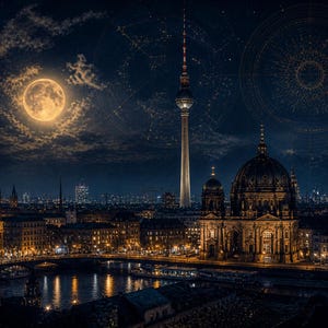 Könnte beinhalten: Nachtlandschaft von Berlin, Deutschland, mit dem beleuchteten Fernsehturm, dem Berliner Dom und einem Vollmond. Der Himmel ist dunkelblau mit Sternbildern und Wolken, und die Lichter der Stadt spiegeln sich im Wasser.