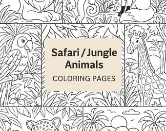May include: Black and white line art coloring pages featuring safari and jungle animals. The pages include a lion, monkey, fox, parrot, giraffe, leopard, and elephant. Text on the page reads "Safari / Jungle Animals COLORING PAGES."