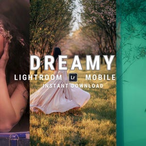 Könnte beinhalten: Eine digitale Produktliste für ein Lightroom Mobile Preset-Paket namens "Dreamy". Das Bild zeigt drei verschiedene Fotos, die mit dem Preset bearbeitet wurden. Das erste Foto zeigt eine Frau mit Blumen im Haar, das zweite Foto zeigt eine Frau in einem weißen Kleid, die auf einem Feld herumwirbelt, und das dritte Foto zeigt eine Frau, die in einer grünen, ätherischen Umgebung steht.