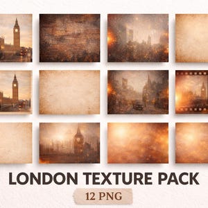Könnte beinhalten: Eine Sammlung von 12 PNG-Bildern im Vintage-Stil mit Londoner Sehenswürdigkeiten und Texturen. Die Bilder zeigen Big Ben, Stadtlandschaften und gealterte Papierhintergründe, alle in warmen Sepiatönen. Der Text "LONDON TEXTURE PACK" und "12 PNG" ist ebenfalls sichtbar.