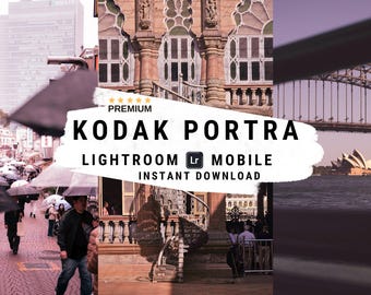 Puede incluir: Un producto digital para Lightroom móvil que ofrece un aspecto vintage de película Kodak Portra. La imagen muestra una calle de la ciudad con gente caminando bajo paraguas, un edificio con una escalera y un puente sobre el agua.