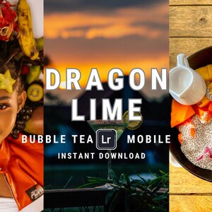 May include: A bowl of chia pudding with dragon fruit, papaya, mango, passion fruit, lime, banana, and granola. The bowl is on a wooden table. The text "DRAGON LIME BUBBLE TEA LR MOBILE INSTANT DOWNLOAD" is on the image.
