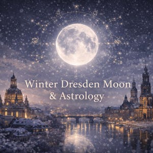 Könnte beinhalten: Digitales Kunstbild einer Winterszene in Dresden, Deutschland, mit beleuchteten Gebäuden, einer Brücke und einem Fluss unter einem Sternenhimmel. Ein großer Vollmond und astrologische Symbole sind ebenfalls sichtbar. Der Text "Winter Dresden Moon & Astrology" ist zu sehen.
