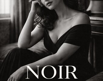 May include: Black and white image featuring a woman in an off-the-shoulder black dress. The word "NOIR" is prominently displayed, with "CINEMATIC PRESET PACK" below. The image has a vintage, cinematic aesthetic.