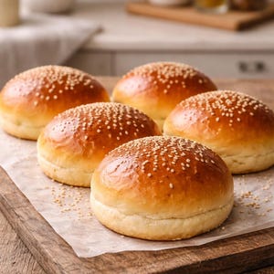 Puede incluir: Cinco bollos de hamburguesa dorados con semillas de sésamo sobre una tabla de madera. Los bollos están sobre papel de hornear, con un fondo de cocina.