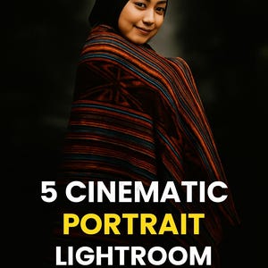 Könnte beinhalten: Eine Frau mit schwarzer Kopfbedeckung und einem bunten Schal. Der Schal hat ein Muster aus orangefarbenen, roten und blauen Streifen. Der Text auf dem Bild lautet "5 CINEMATIC PORTRAIT LIGHTROOM MOBILE PRESETS."