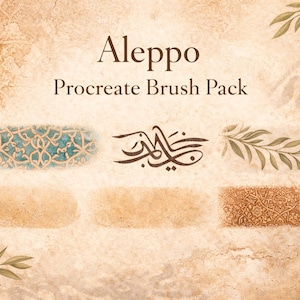 Könnte beinhalten: Werbung für das "Aleppo Procreate Brush Pack" mit einem strukturierten, beigefarbenen Hintergrund und dekorativen Elementen. Das Design umfasst Pinselstrich-Beispiele, Kalligraphie und botanische Illustrationen. Der Text ist in einer Serifenschrift.
