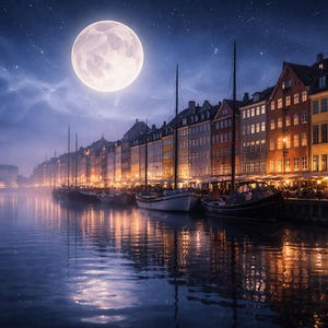 Könnte beinhalten: Nachtszenen einer europäischen Stadt mit Vollmond am Himmel. Gebäude mit farbenfrohen Fassaden säumen einen Kanal, mit Booten, die am Wasser angedockt sind. Lichter von Gebäuden und Straßen spiegeln sich im Wasser.