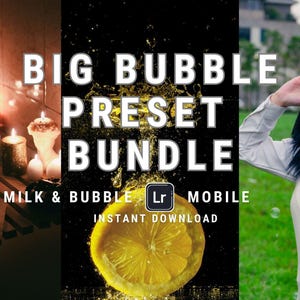 Könnte beinhalten: Eine Collage aus drei Bildern. Das linke Bild zeigt ein Buch und Kerzen in einem schwach beleuchteten Raum. Das mittlere Bild zeigt eine Zitrone mit Blasen und den Text "BIG BUBBLE PRESET BUNDLE MILK & BUBBLE LR MOBILE INSTANT DOWNLOAD". Das rechte Bild zeigt eine Person mit Kopfhörern und einem weißen Hemd mit einem schwarzen Rucksack.