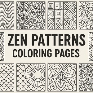 Könnte beinhalten: Schwarz-Weiß Zen-Muster Malvorlagen. Das Bild zeigt eine Sammlung von komplizierten Designs, darunter florale, geometrische und abstrakte Muster. Der Text "ZEN PATTERNS COLORING PAGES" ist in fetten, schwarzen Buchstaben dargestellt.