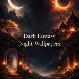 Könnte beinhalten: Digitales Kunstbild mit einer Dark-Fantasy-Nachtszene. Ein Halbmond und eine feurige Sonne beleuchten eine Landschaft mit Bergen, Bäumen und Strukturen. Der Text "Dark Fantasy Night Wallpapers" ist in der Mitte zu sehen.