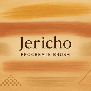 Könnte beinhalten: Eine digitale Kunstgrafik mit dem Text "Jericho Procreate Brush" in Braun. Der Hintergrund ist hellbraun mit Pinselstrichmustern in Braun- und Goldtönen. Es gibt auch Strichzeichnungen einer Vase, eines Dreiecks und Punkte.