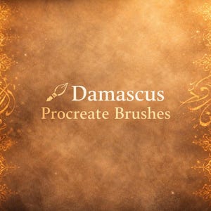 Könnte beinhalten: Digitale Kunstgrafik mit braunem Hintergrund und verzierten Goldmustern an den Seiten. Der Text "Damascus Procreate Brushes" ist in Weiß gehalten, mit einem Pinsel-Symbol über dem Wort "Damascus".