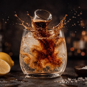 Könnte beinhalten: Ein Glas Eiswasser, in das eine dunkle Flüssigkeit gegossen wird und Spritzer erzeugt. Eine halbe Zitrone und eine ganze Zitrone befinden sich links. Eine kleine Schale mit Salz befindet sich rechts.